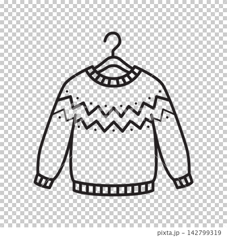 Detailed line art icon of a hand-knitted wool sweater with geometric Fair Isle pattern hanging on a coat hanger. 142799319