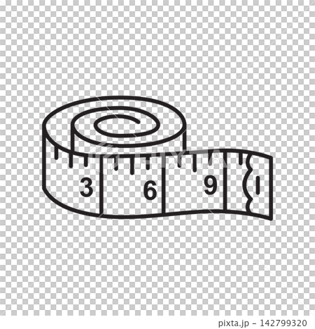 Line art icon showing a rolled flexible tape measure with printed numbered measurement scale. Line art icon showing a rolled flexible tape measure with printed numbered measurement scale. 142799320