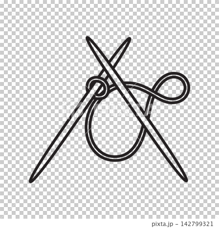 Minimal line art icon of two crossed knitting needles with a loop of yarn formed in the center. Minimal line art icon of two crossed knitting needles with a loop of yarn formed in the center. 142799321