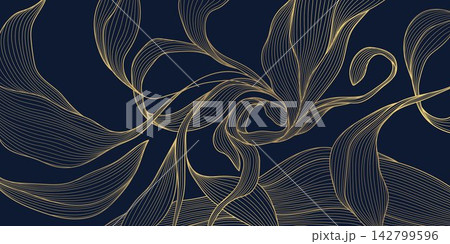 Luxury floral pattern with elegant golden line flowers, leaves, and Art Deco ornaments on a blue background. Nature drawn wallpaper, wedding stationery, packaging, tea design, cards, gifts, and 142799596