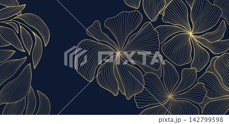 Luxury floral pattern with elegant golden line flowers, leaves, and Art Deco ornaments on a blue background. Nature drawn wallpaper, wedding stationery, packaging, tea design, cards, gifts, and 142799598