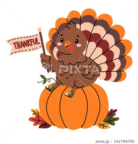 Cute Thanksgiving Turkey with Thankful Banner Illustration Cute Thanksgiving Turkey with Thankful Banner Illustration 142799700