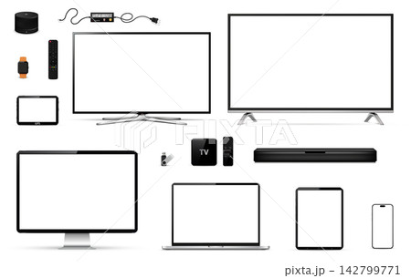 A mockup of various computers and technical devices on a white background A mockup of various computers and technical devices on a white background 142799771