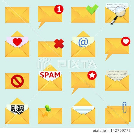 Set of open and closed envelope icons on a white background. Email notifications or digital correspondence vector flat illustration. 142799772