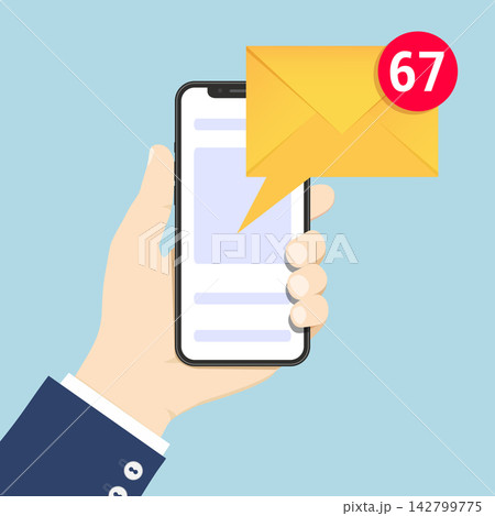 Hand holding smart phone. Incoming message communication concept, social networking concept vector flat illustration Hand holding smart phone. Incoming message communication concept, social networking concept vector flat illustration 142799775