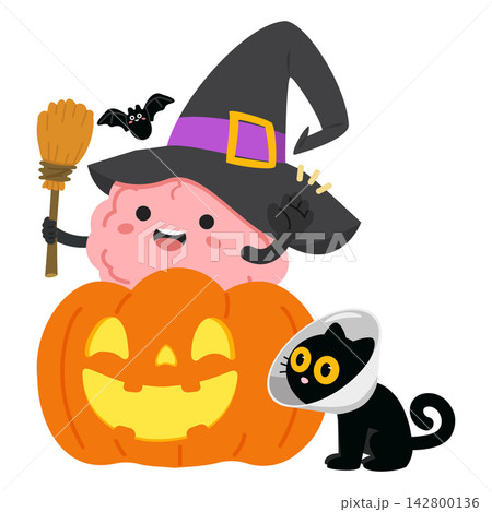 Halloween brain character wearing witch hat inside pumpkin Halloween brain character wearing witch hat inside pumpkin 142800136