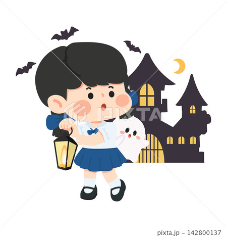 Halloween spooky girl holding lantern with ghost near haunted house Halloween spooky girl holding lantern with ghost near haunted house 142800137