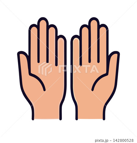 Minimalist line art drawing showing two hands touching in a supportive or connecting gesture. 142800528