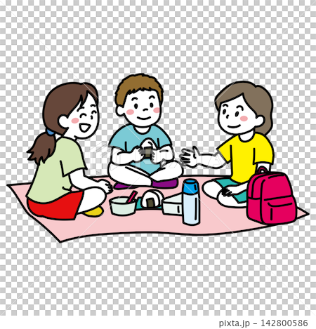 An illustration of three children enjoying a picnic. An illustration of three children enjoying a picnic. 142800586