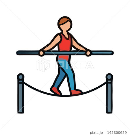 Simple black outline illustration of person balancing on a taut wire or rope. 142800629