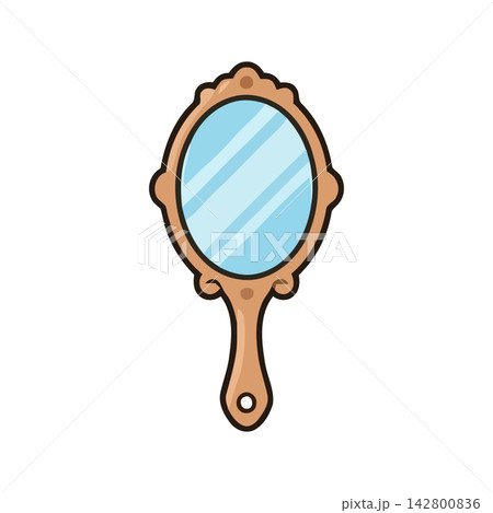 Simple outline cartoon drawing of an ornate hand mirror, perfect for beauty or vanity concepts. Simple outline cartoon drawing of an ornate hand mirror, perfect for beauty or vanity concepts. 142800836