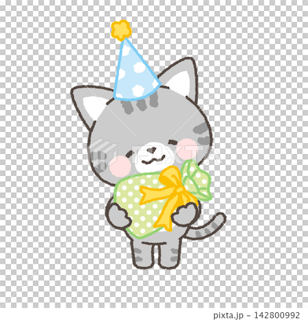 A tabby cat wearing a party hat and holding a present. A tabby cat wearing a party hat and holding a present. 142800992