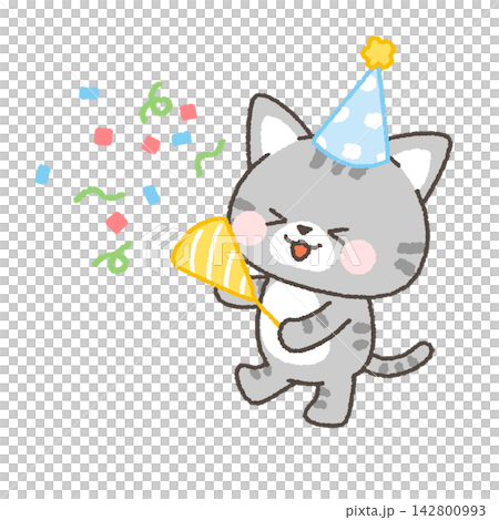 A tabby cat wearing a party hat and setting off crackers 142800993