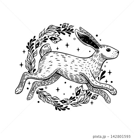 Leaping Hare in Botanical Wreath Vector Line Art 142801593