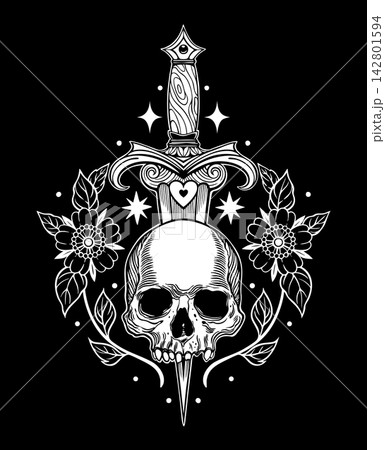 Dagger Piercing Human Skull with Flowers Vector Art Dagger Piercing Human Skull with Flowers Vector Art 142801594