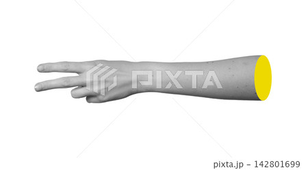 Grayscale arm extended sideways showing victory sign or two fingers pointed right. Monochrome 142801699