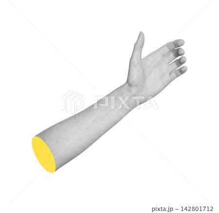 Grayscale left hand outstretched with spread fingers to hold unseen product. Monochrome palm angled Grayscale left hand outstretched with spread fingers to hold unseen product. Monochrome palm angled 142801712