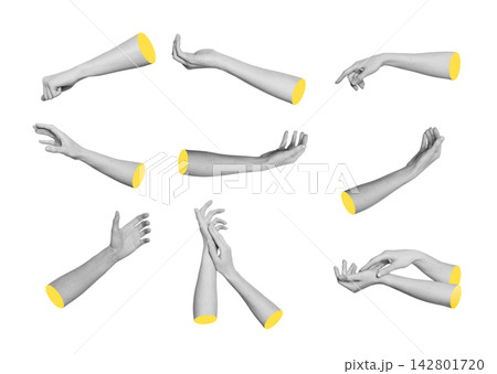 Grayscale set of diverse hands reaching out, touching and pointing. Monochrome collection of Grayscale set of diverse hands reaching out, touching and pointing. Monochrome collection of 142801720