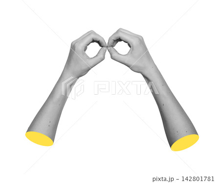 Monochrome wrists positioned together while fingers touch in binocular view pose. Grayscale arms 142801781