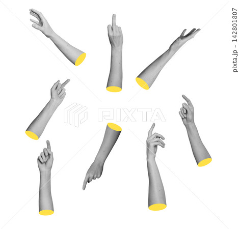 Set of monochrome hands using index and middle fingers to point, reach and click. Grayscale Set of monochrome hands using index and middle fingers to point, reach and click. Grayscale 142801807