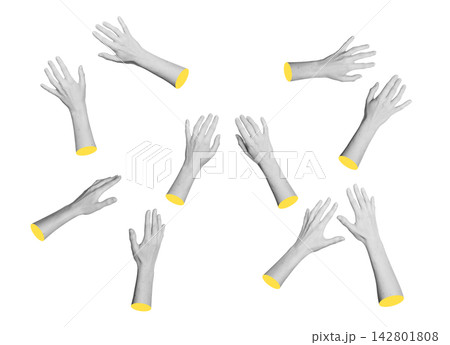 Set of monochrome left and right hands touching, typing, reaching and holding. Diverse grayscale 142801808
