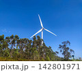 This majestic wind turbine towers over a lush green forest under a vibrant blue sky, symbolizing a sustainable future of clean renewable energy. There is nobody in the scene. 142801971