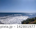 A serene, vast blue ocean with rolling white waves crashing near a sunny coastal shoreline under a bright, clear sky. This peaceful nature scene evokes tranquility. Nobody. 142801977