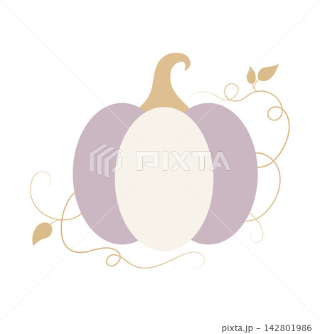 Pumpkin with light purple and cream color sits in the center isolated on white background. It has curling vines and small leaves around it Pumpkin with light purple and cream color sits in the center isolated on white background. It has curling vines and small leaves around it 142801986