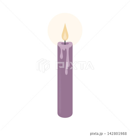 Burning purple candle vector illustration. Minimalist magic taper candle with melting wax drips and flame glow, isolated design element for Halloween and mystic aesthetics 142801988