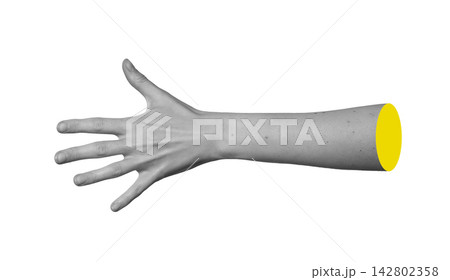 Grayscale arm extended with five fingers widely spread apart. Monochrome hand posture representing 142802358