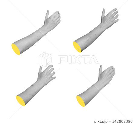 Grayscale set of hands holding invisible objects in side view angle. Monochrome collection of arm Grayscale set of hands holding invisible objects in side view angle. Monochrome collection of arm 142802380