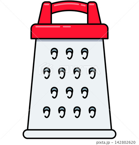 Flat style icon illustration of metallic grater with red handle isolated on transparent background. Graphic design element clip art for kitchen slicer assets. Flat style icon illustration of metallic grater with red handle isolated on transparent background. Graphic design element clip art for kitchen slicer assets. 142802620
