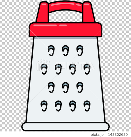 Flat style icon illustration of metallic grater with red handle isolated on transparent background. Graphic design element clip art for kitchen slicer assets. Flat style icon illustration of metallic grater with red handle isolated on transparent background. Graphic design element clip art for kitchen slicer assets. 142802620
