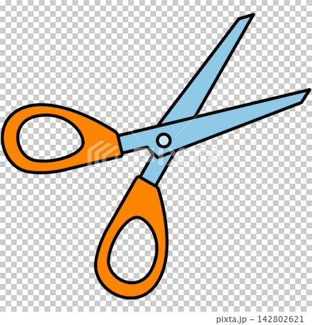 Flat style icon illustration of orange scissors isolated on transparent background. Graphic design element clip art for cutting stationery tailor craft tool assets. 142802621
