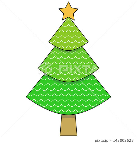 Flat style icon illustration of a green Christmas tree with yellow star isolated on transparent background. Colorful graphic design element clip art for holiday winter assets. 142802625