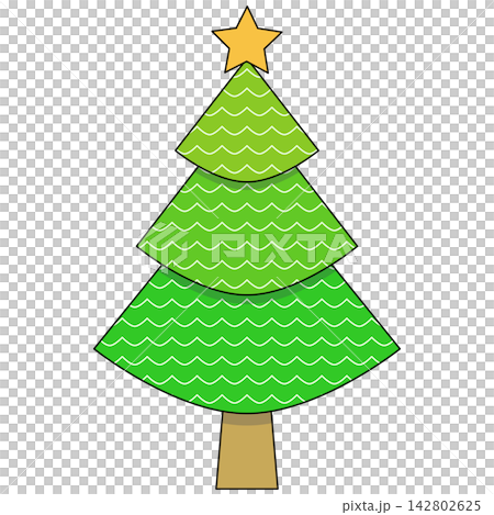 Flat style icon illustration of a green Christmas tree with yellow star isolated on transparent background. Colorful graphic design element clip art for holiday winter assets. 142802625