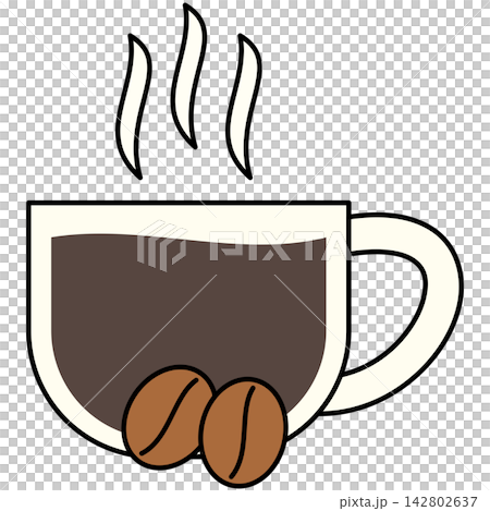 Flat style icon illustration of hot cup of coffee with coffee beans isolated on transparent background. Graphic design element clip art for cafe beverage assets. 142802637