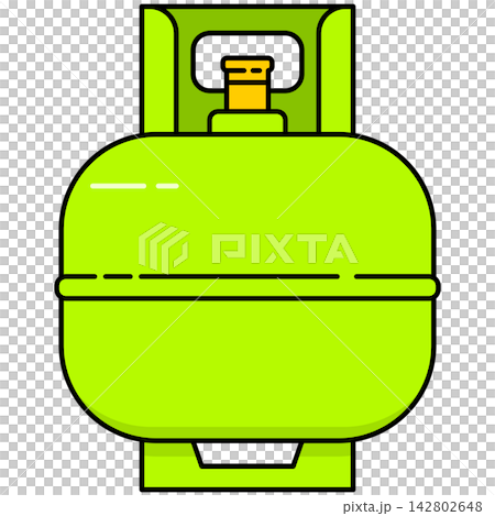 Flat style icon illustration of green LPG gas cylinder container isolated on transparent background. Graphic design element clip art for fuel tank energy assets. 142802648