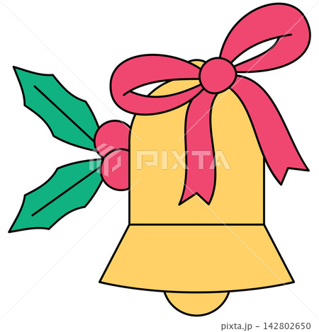 Flat style icon illustration of a Christmas bell with ribbon and holly leaves isolated on transparent background. Colorful graphic design element clip art for festive assets. 142802650