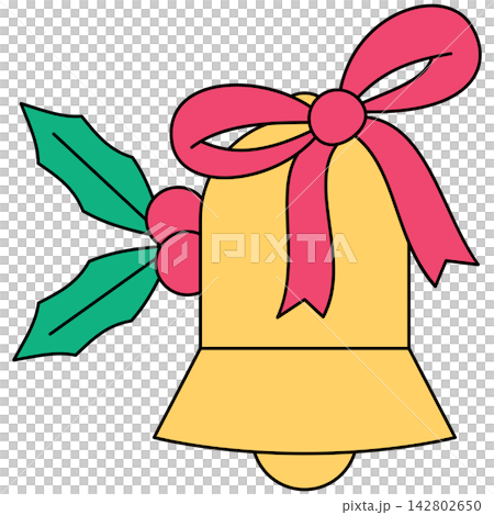 Flat style icon illustration of a Christmas bell with ribbon and holly leaves isolated on transparent background. Colorful graphic design element clip art for festive assets. Flat style icon illustration of a Christmas bell with ribbon and holly leaves isolated on transparent background. Colorful graphic design element clip art for festive assets. 142802650