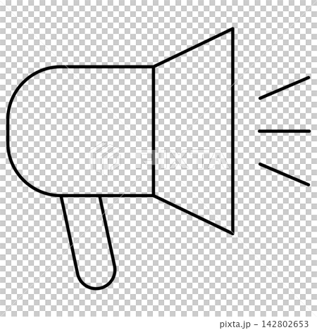 Minimalist black outline icon illustration of a megaphone bullhorn isolated on transparent background. Line art stroke audio speaker clip art graphic design element for marketing announcement. Minimalist black outline icon illustration of a megaphone bullhorn isolated on transparent background. Line art stroke audio speaker clip art graphic design element for marketing announcement. 142802653