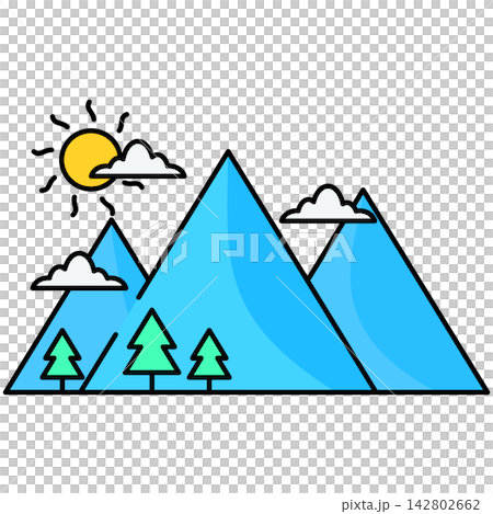 Flat style icon illustration of blue mountain peaks with sun and pine trees isolated on transparent background. Graphic design element clip art for campsite landscape assets. Flat style icon illustration of blue mountain peaks with sun and pine trees isolated on transparent background. Graphic design element clip art for campsite landscape assets. 142802662