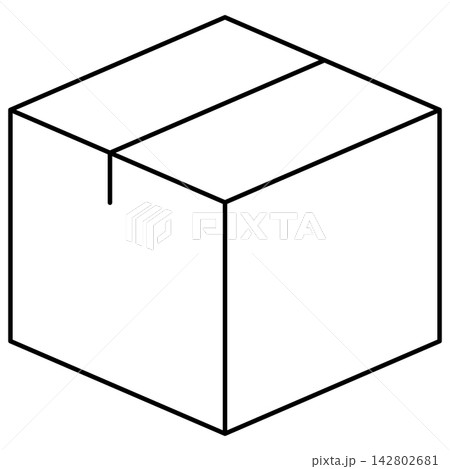Minimalist black outline icon illustration of a cardboard package box isolated on transparent background. Line art stroke delivery shipping clip art graphic design element for cargo assets. 142802681