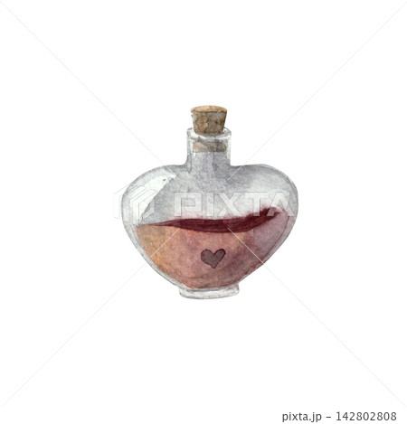 Heart shaped potion bottle. Watercolor illustration for Halloween, fantasy designs, love themes and seasonal projects Heart shaped potion bottle. Watercolor illustration for Halloween, fantasy designs, love themes and seasonal projects 142802808