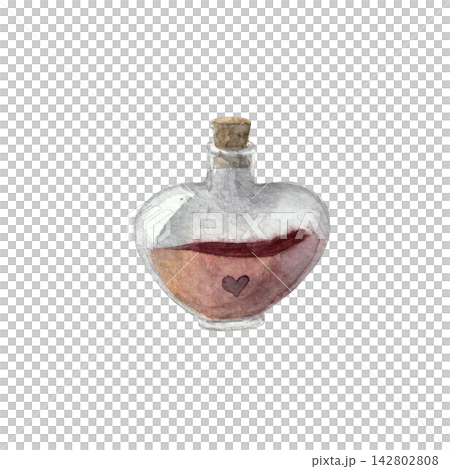Heart shaped potion bottle. Watercolor illustration for Halloween, fantasy designs, love themes and seasonal projects Heart shaped potion bottle. Watercolor illustration for Halloween, fantasy designs, love themes and seasonal projects 142802808