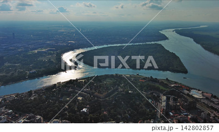 Belgrade at confluence of Sava and Danube rivers aerial Belgrade at confluence of Sava and Danube rivers aerial 142802857