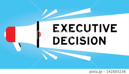 Color megaphone icon with word executive decision in white banner on blue background 142803236