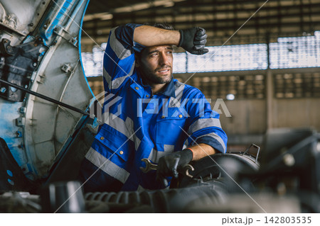 Mechanic Exhausted Tired Exhaustion Truck Repair Garage Overwork Fatigue Workshop Mechanic Exhausted Tired Exhaustion Truck Repair Garage Overwork Fatigue Workshop 142803535