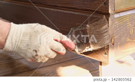 Hand with brush painting wooden planks with brown protective oil finish close up. Wood staining process. Person applying dark varnish coat on timber board outdoors. House remodeling and DIY renovation Hand with brush painting wooden planks with brown protective oil finish close up. Wood staining process. Person applying dark varnish coat on timber board outdoors. House remodeling and DIY renovation 142803562