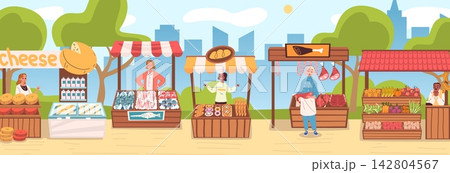 Outdoor farmers market. Vendor stall organic food shop, street local fair fresh produce bread fish vegetable meat butcher dairy family garden bazaar marketplace vector illustration Outdoor farmers market. Vendor stall organic food shop, street local fair fresh produce bread fish vegetable meat butcher dairy family garden bazaar marketplace vector illustration 142804567